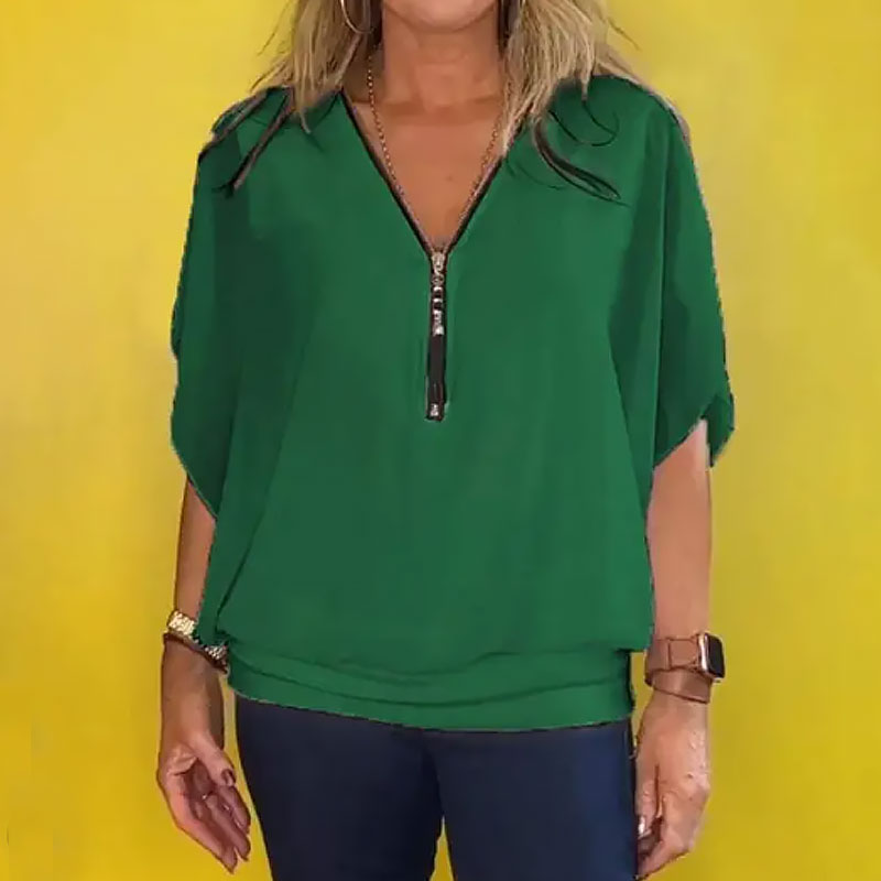 Casual chiffongtopp med dragkedja i halsen för kvinnor/Women's Casual Chiffon Neck Zipper Top