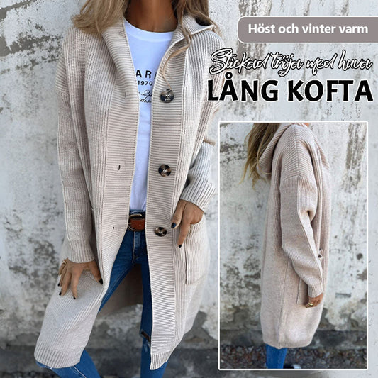 🍂 Varm stickad lång kofta med huva för höst och vinter