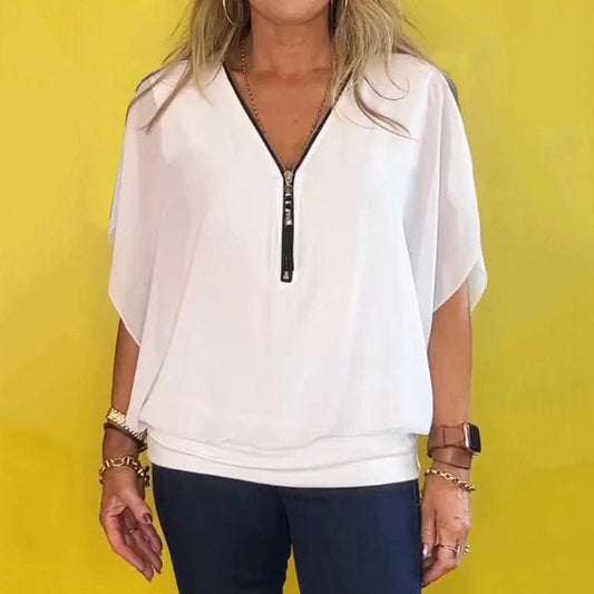 Casual chiffongtopp med dragkedja i halsen för kvinnor/Women's Casual Chiffon Neck Zipper Top