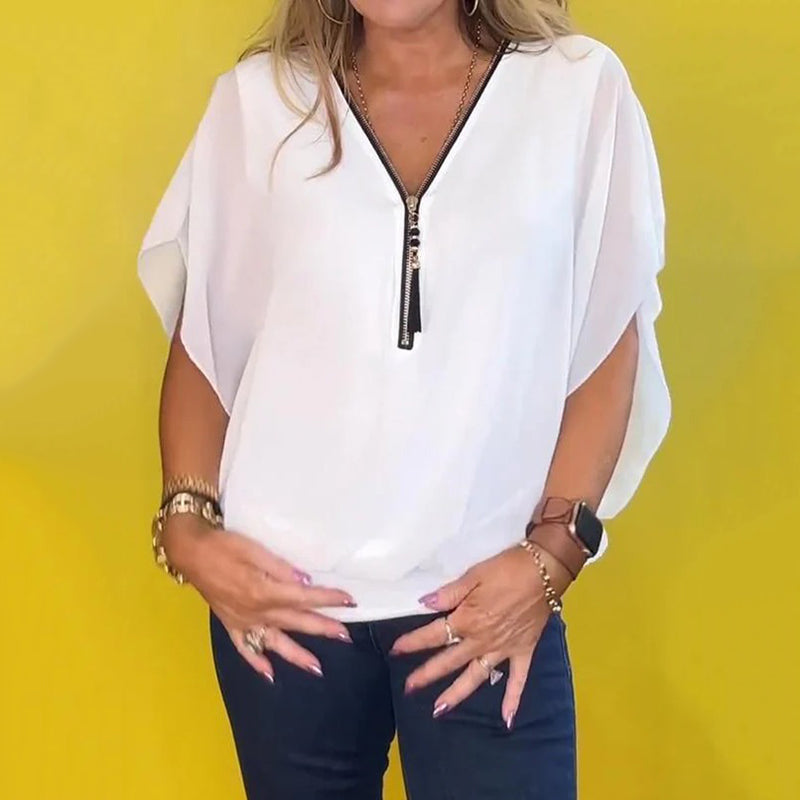 Casual chiffongtopp med dragkedja i halsen för kvinnor/Women's Casual Chiffon Neck Zipper Top