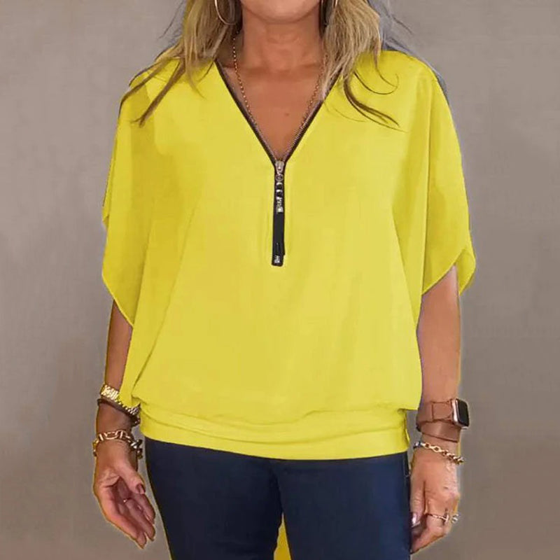 Casual chiffongtopp med dragkedja i halsen för kvinnor/Women's Casual Chiffon Neck Zipper Top