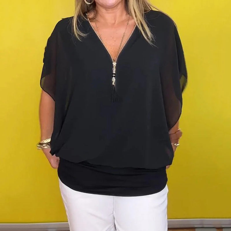 Casual chiffongtopp med dragkedja i halsen för kvinnor/Women's Casual Chiffon Neck Zipper Top